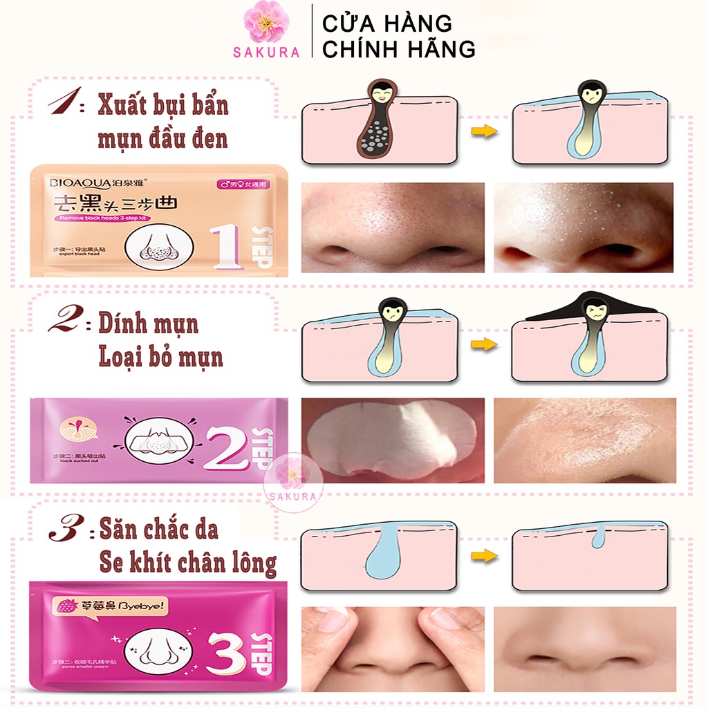Mặt nạ lột mụn đầu đen BIOAQUA Sét 3 bước lột mụn mũi hiệu quả SAKURA 21g