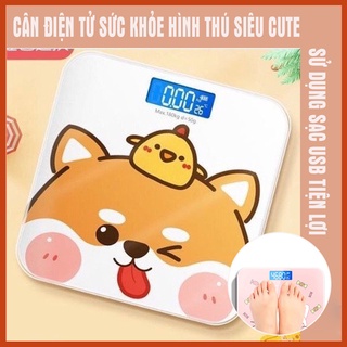 Cân điện tử sức khỏe Hình Thú Cute - Phân tích sức khỏe Màn Hình LCD Mặt Kính Chịu Lực Tải Trọng 180kg Sạc USB