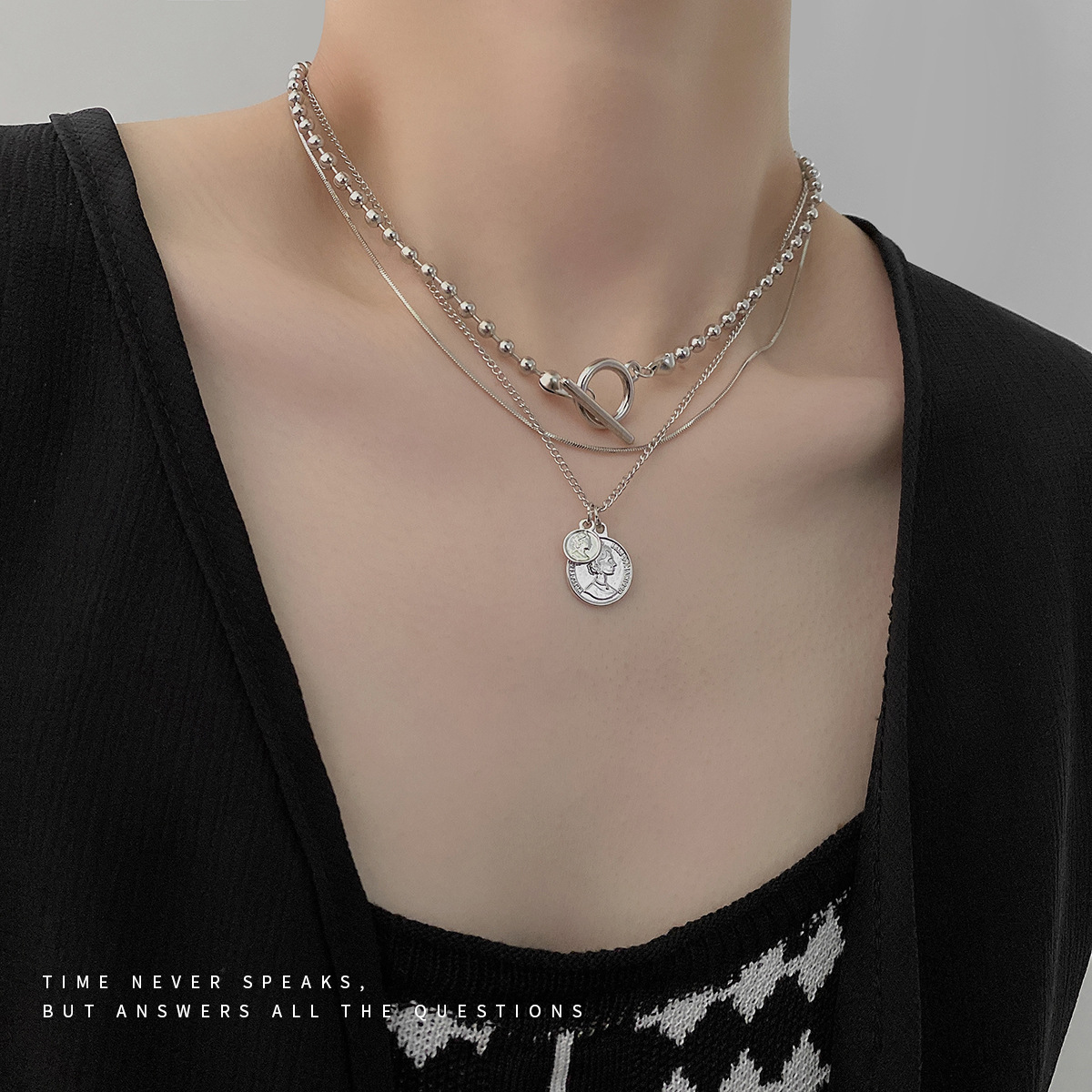 European and American multi-layer round brand portrait necklace simple cold wind retro personality design sense clavicle chain