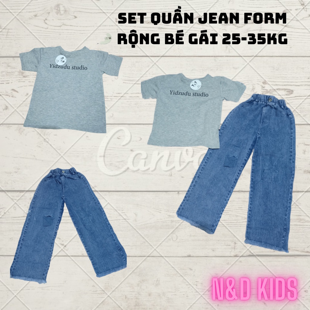 Set Quần Jean Suông Áo Thun Dài Tay Cho Bé Gái 25-35kg - Set Quần Bò Áo Cotton Co Dãn Mềm-Cá Tính - N&D Kids