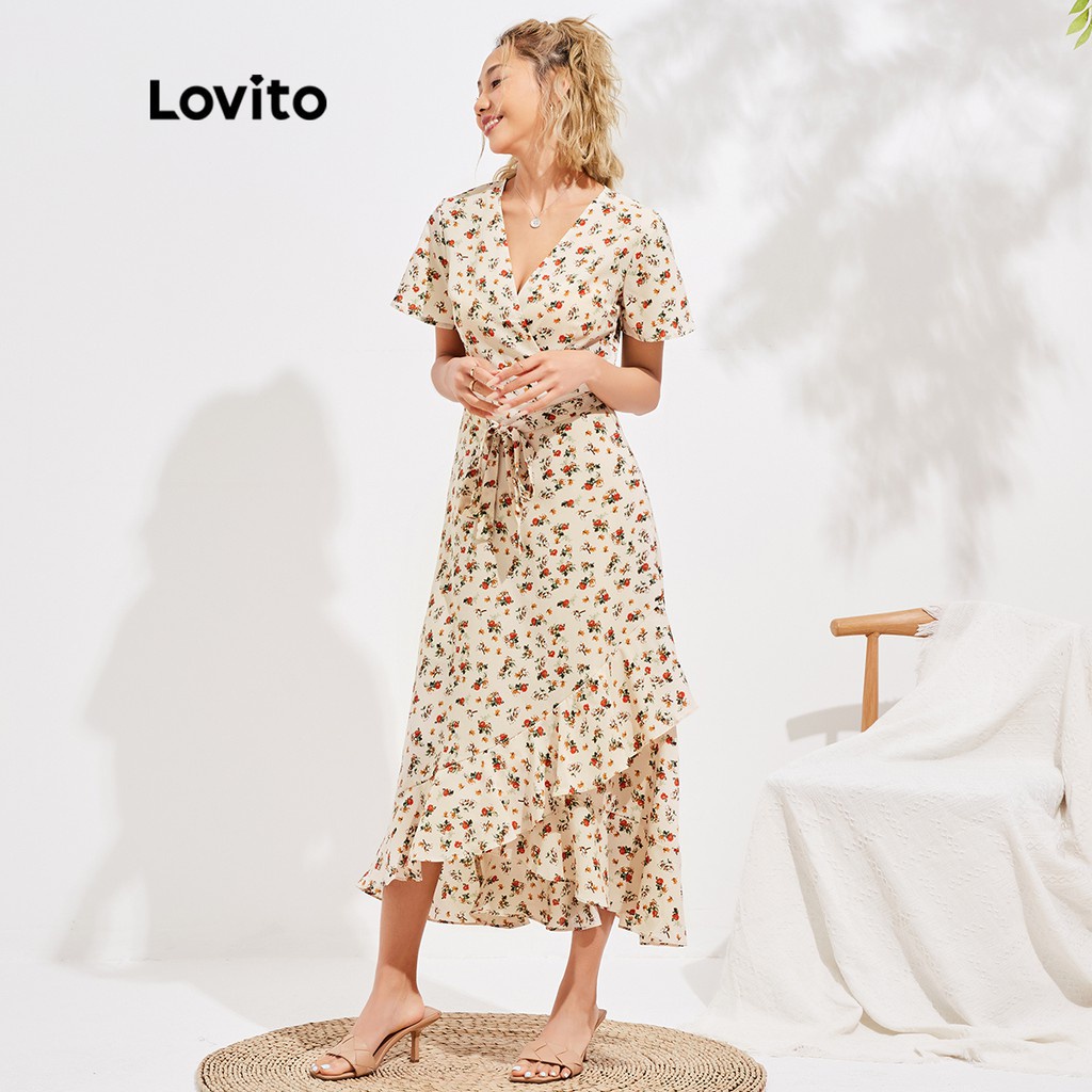 Đầm Lovito cột dây in hoa tay phòng phong cách vintage L16D045 (màu be)