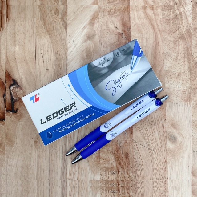 Hộp 10 Bút bi Thiên Long LEDGER TL-102 nét 1.0mm - Mực màu xanh - Tặng kèm 3 bút cùng loại