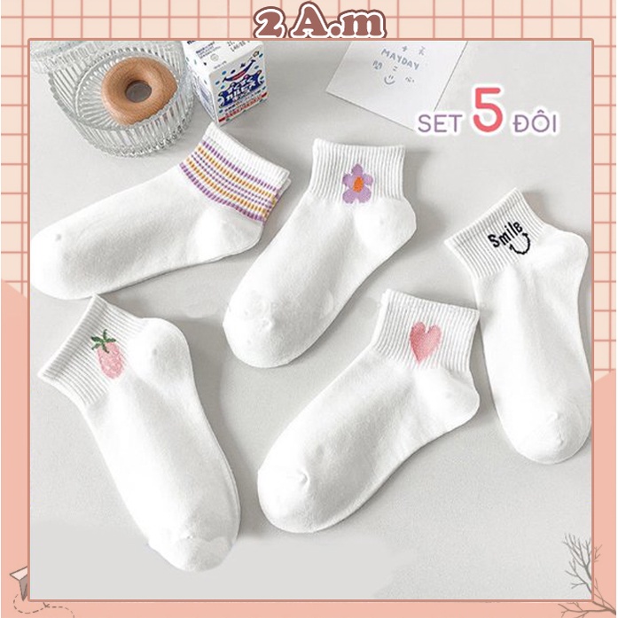 Tất Cổ Ngắn Nữ Thời Trang Hàn Quốc - Vớ Nữ Ngắn Họa Tiết Dễ Thương Màu Trắng Phong Cách Unisex