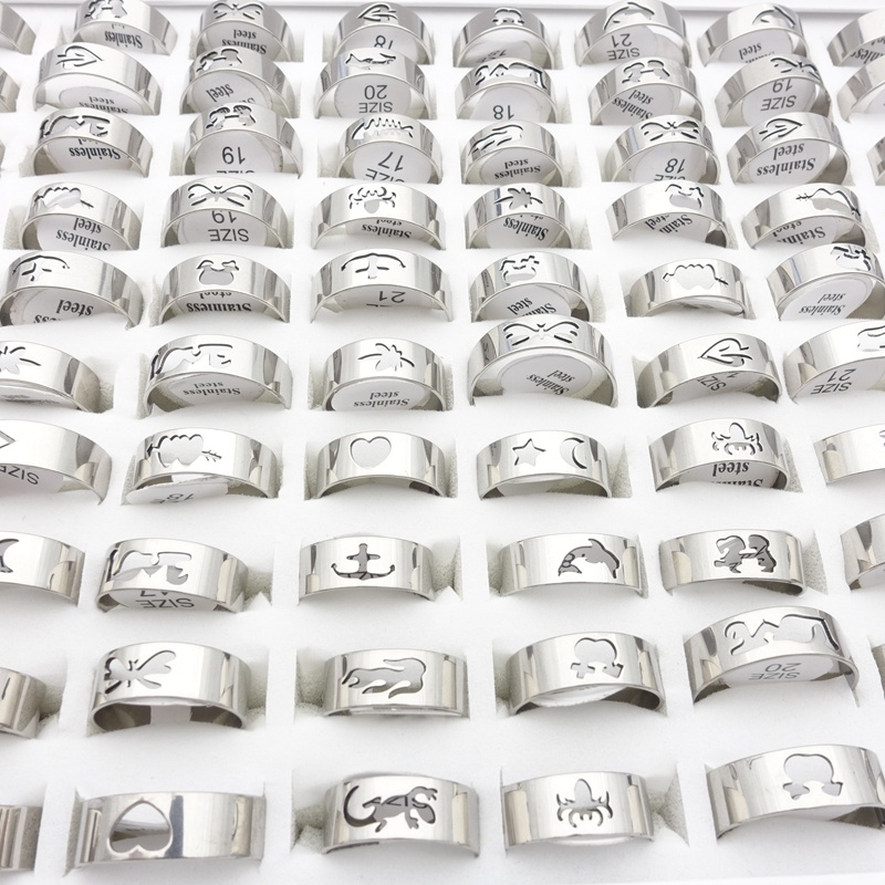 Set 20 Nhẫn Thép Không Gỉ Cắt Laser Phong Cách Hỗn Hợp Cho Nam Và Nữ Cincin Barang Kemas