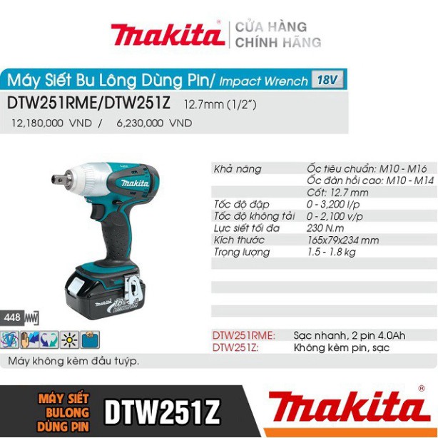 [Chính Hãng] Máy Siết Bu Lông Dùng Pin Makita DTW251Z (18V-Không pin sạc)