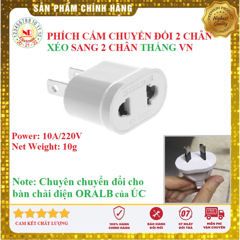 Phích cắm chuyển đổi 2 CHÂN CHÉO chuẩn ÚC, Mỹ sang 2 CHÂN THẲNG DẸT chuẩn VN - Phích cắm chuyển đổi Bàn Chải Điện ORALB