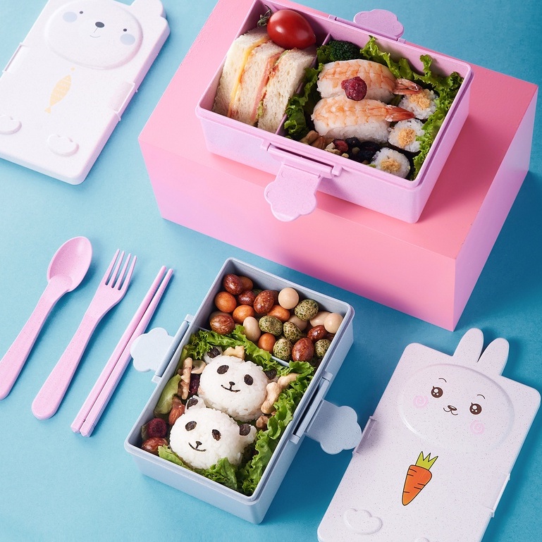 Hộp đựng cơm 2 ngăn lúa mạch kèm đĩa muõng nĩa hình thú