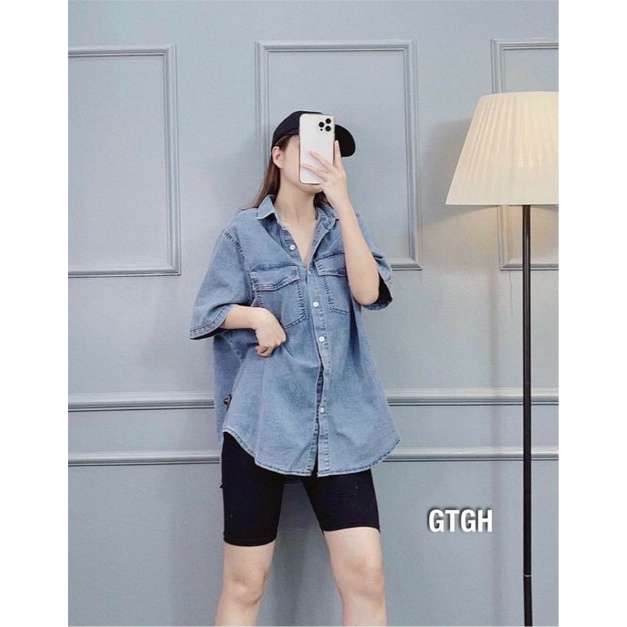 Áo Jeans bò trơn nắp túi cộc tay