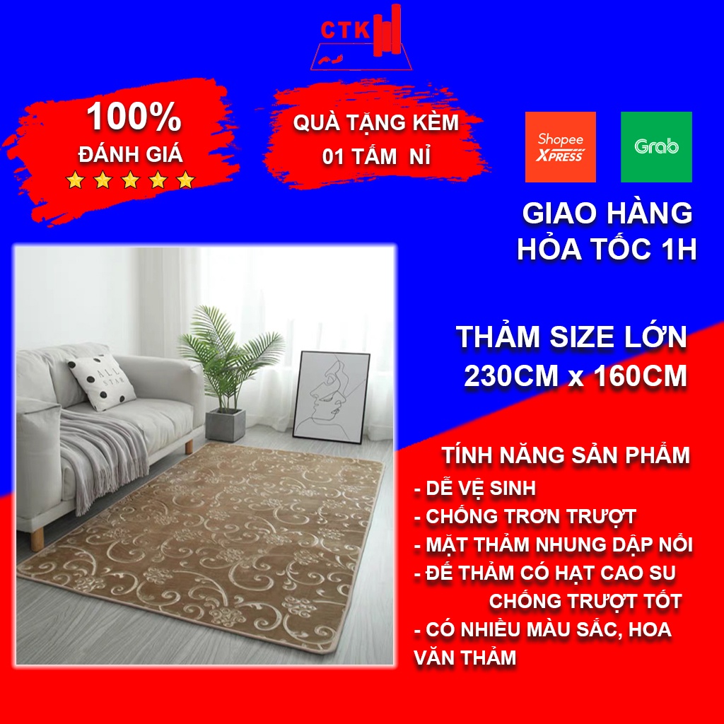 Thảm trải sàn phòng khách, thảm nhung dập nổi trang trí phòng ngủ cao cấp 230x 160cm, 160x 120cm