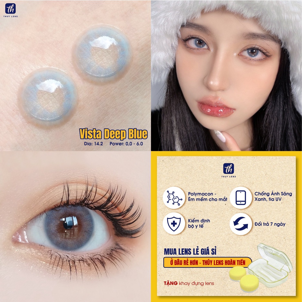 Kính áp tròng THUY LENS cho mắt cận màu xám xanh độ cận từ 0 - 8 Vista Deep Blue