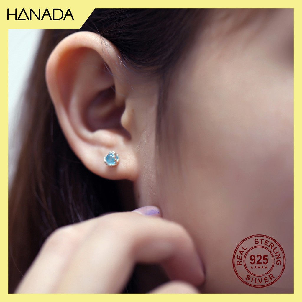 Bông Tai Bạc 925 Hanada Khuyên tai San Hô Bông Nụ đá xanh Đơn Giản 0316 B12