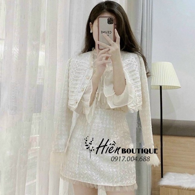 Combo Công Sở Nữ - Set Áo Sơ Mi Công Sở Phối Chân Váy Chữ A Kèm Áo Khoác Dạ Tweed Phối Chân Ren (Hàng thiết kế)