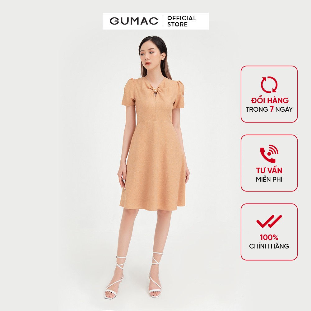 Đầm dáng ôm nữ nhún tay khoét cổ GUMAC thiết kế công sở trẻ trung màu nâu DB441 | BigBuy360 - bigbuy360.vn