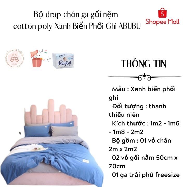 Bộ drap Cotton đũi TICI Xanh Biển Phối Ghi ABUBU cao cấp thoáng Mát Thấm Hút Mồ Hôi 1M2 - 2M2