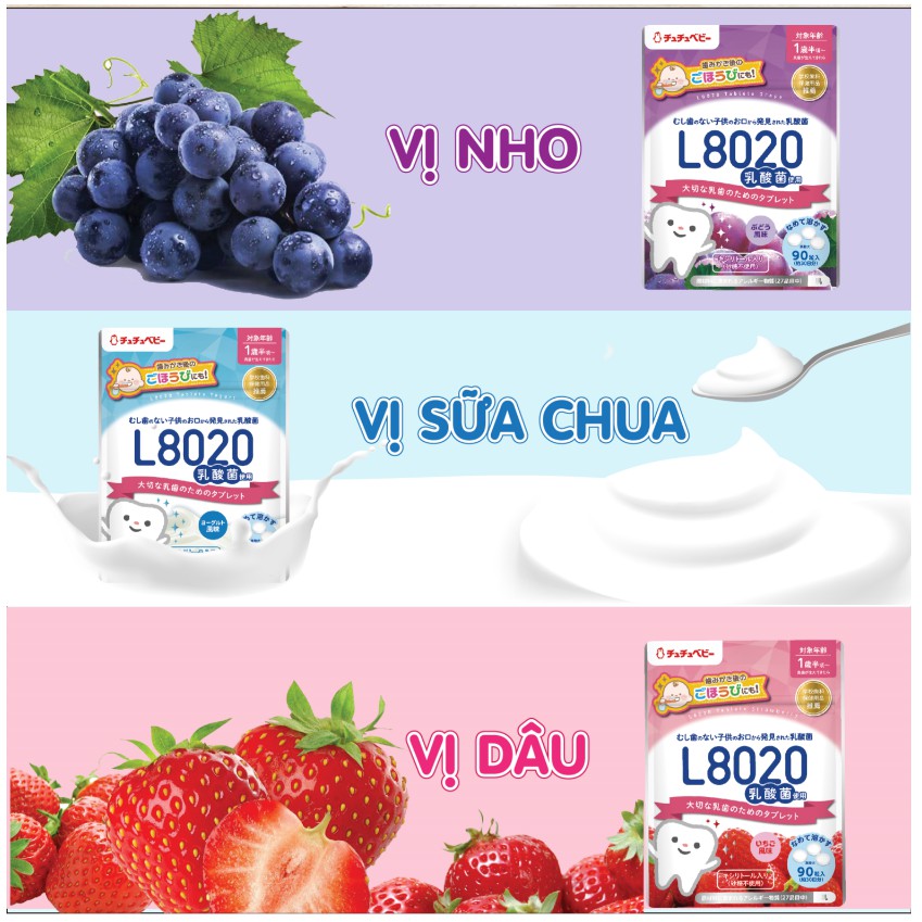 Combo 2 Bịch Viên ngậm lợi khuẩn L8020 Chuchu Baby vị Sữa Chua, Dâu, Nho chính hãng