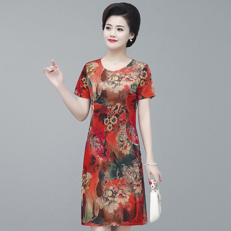 trung niên và cao tuổi mùa hè váy dành cho phụ nữ Váy ngắn tay ngang gối