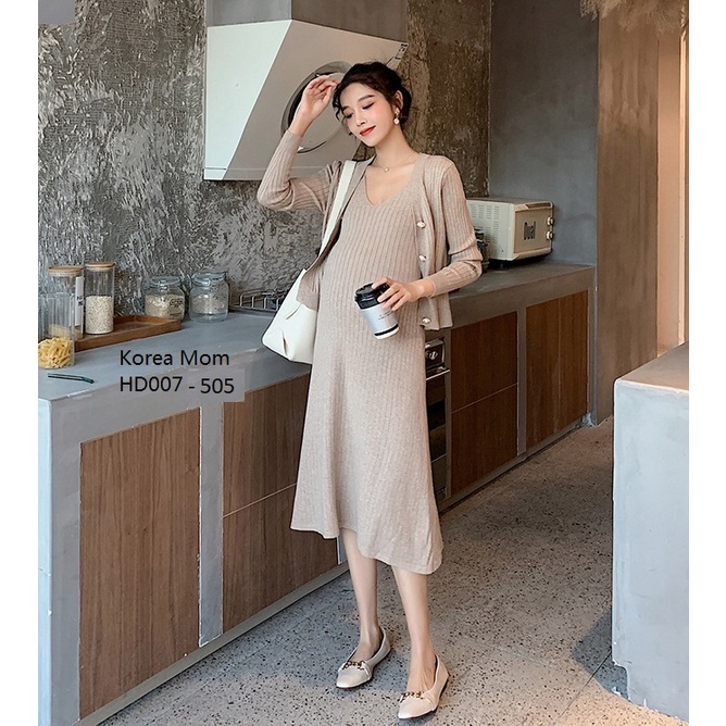 SET đầm bầu thu đông, set bao gồm khoác ngoài + đầm , thiết kế sang chảnh, phong cách Hàn Quốc