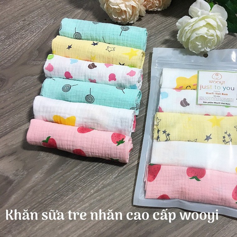 Set 5 Khăn sữa Wooyi 2 lớp họa tiết cotton mềm mịn cho bé/khăn lau cho bé cực cute