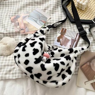 [Sẵn-Ảnh&Clip thật] Túi đeo chéo lông mềm hoạ tiết bò sữa siêu cưng