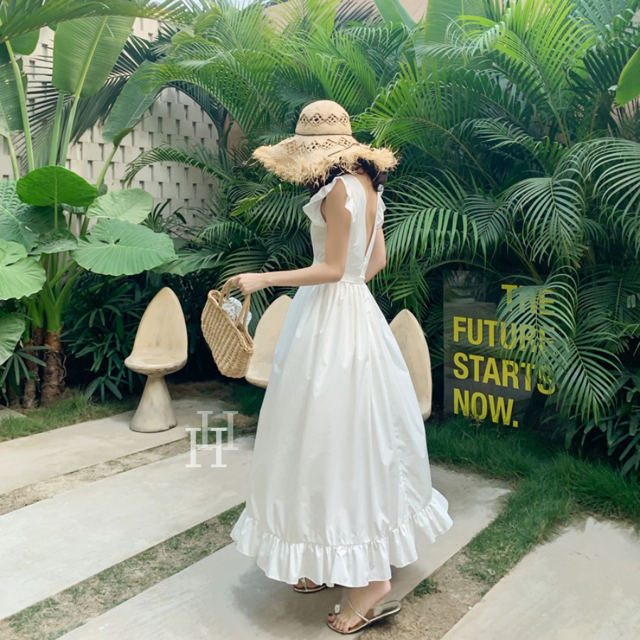 Đầm maxi trắng xẻ đùi cổ chử V hở lưng lai bèo HDC49 Hỉn Hỉn Store