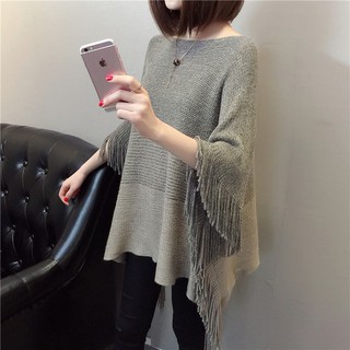 Áo Choàng Dệt Kim Cánh Dơi Phối Tua Rua Thời Trang Mùa Xuân 2019 Cho Nữ