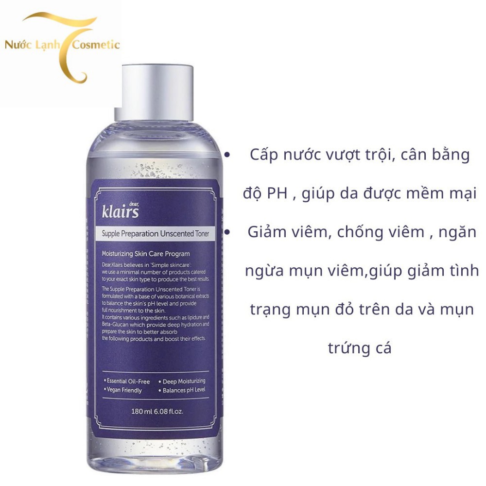 Nước Hoa Hồng Không Mùi Dành Cho Da Nhạy Cảm Klairs Supple Preparation Unscented Toner 180ml