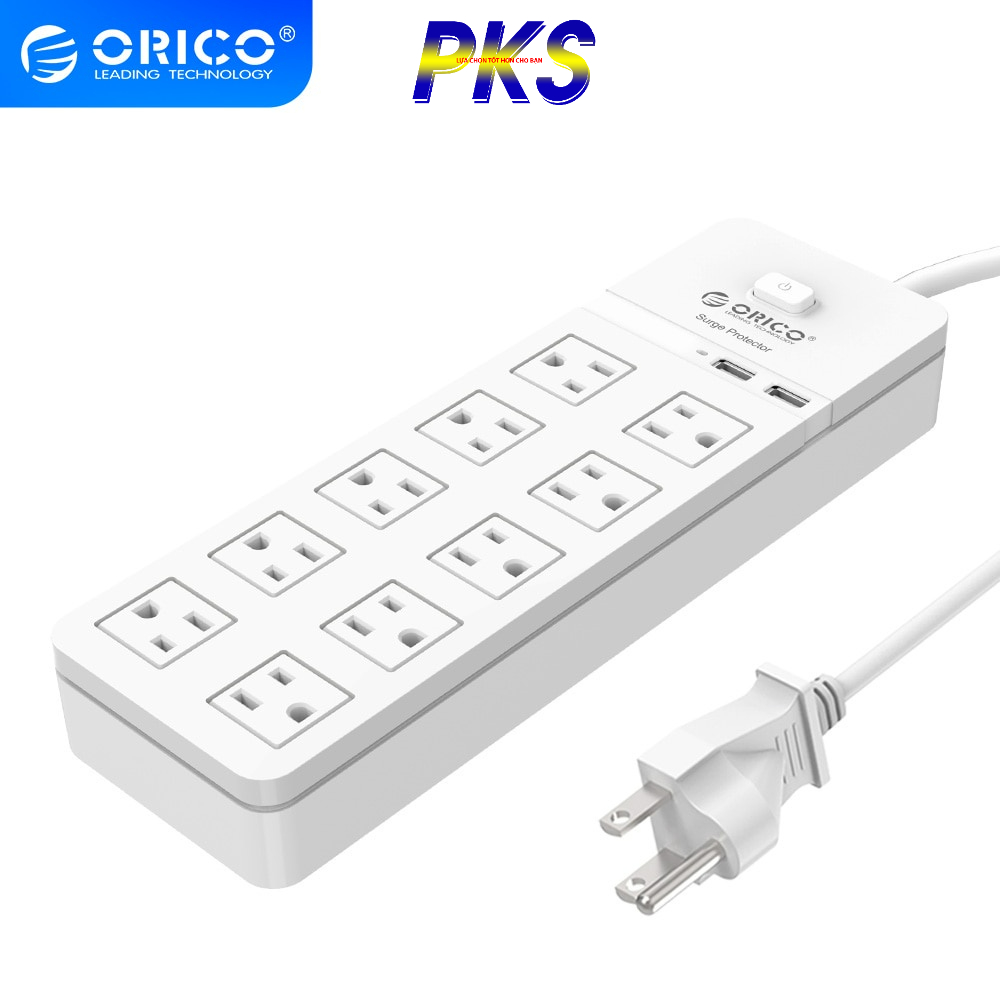 Ổ cắm điện ORICO SPT-S10U2-WH với 10 cổng cắm AC và 2 cổng USB