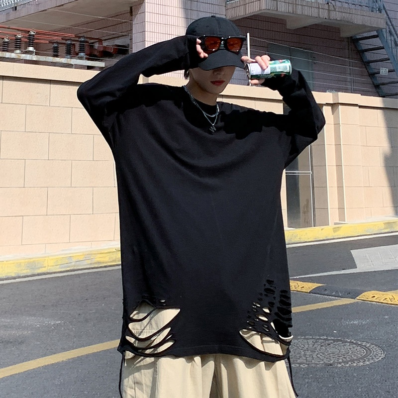 Áo thun dài tay 95% cotton rách gấu tạo layer màu basic hip hop unisex nam nữ