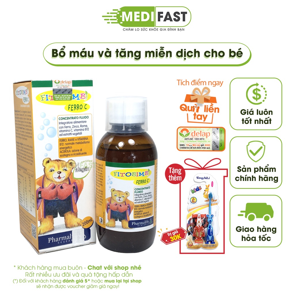 Fitobimbi Ferro C - Bổ sung sắt, Vitamin C, kẽm, tăng đề kháng, bổ máu cho bé - nhập khẩu chính hãng từ Ý - Chai 200ml