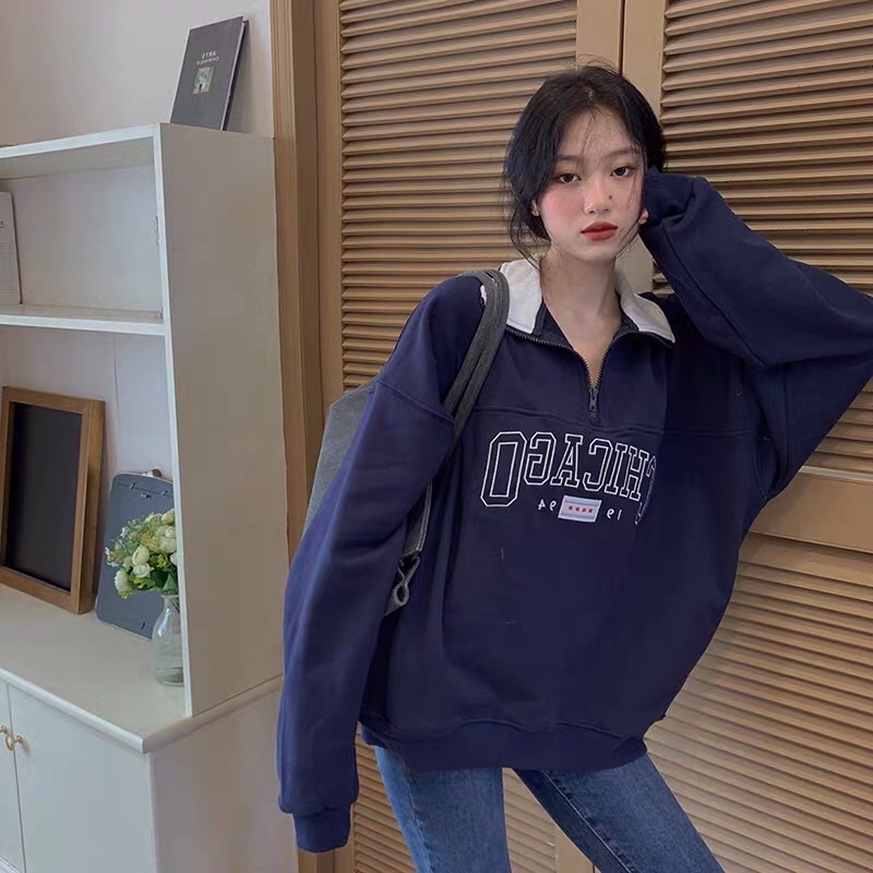 Áo Sweater Nỉ Cổ Khóa CHICAGO 1994 🦋 Áo Thun Nữ Dài Tay Cổ Bẻ Chữ In 🦋