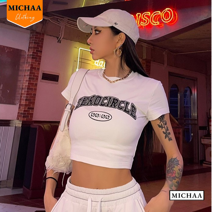 Áo Croptop Ôm Body Nữ ZERO CIRCLE Cổ Tròn Tay Ngắn, Áo Thun Croptop Kiểu In Họa Tiết - MICHAA CR87