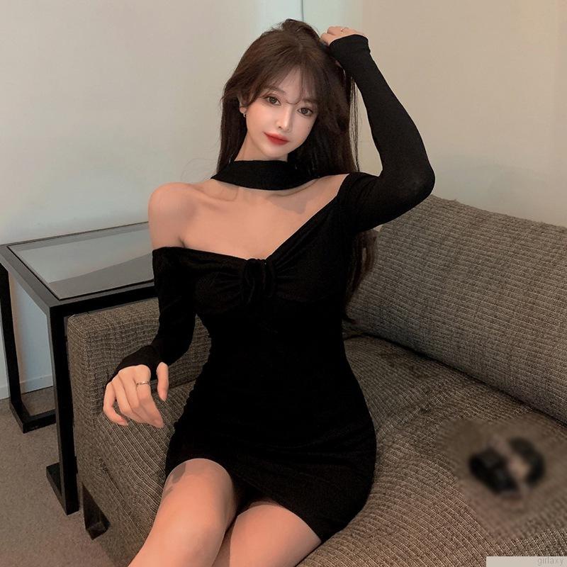 Váy mini dáng ôm tay dài hở vai màu sắc thời trang phong cách Hàn Quốc cho nữ