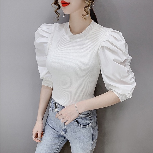 【ZHELIHANGFEI】 / Áo Thun Dệt Kim Tay Ngắn Phồng Cổ Tròn Phong Cách Hoàng Gia Mùa Xuân Mới Cho Nữ