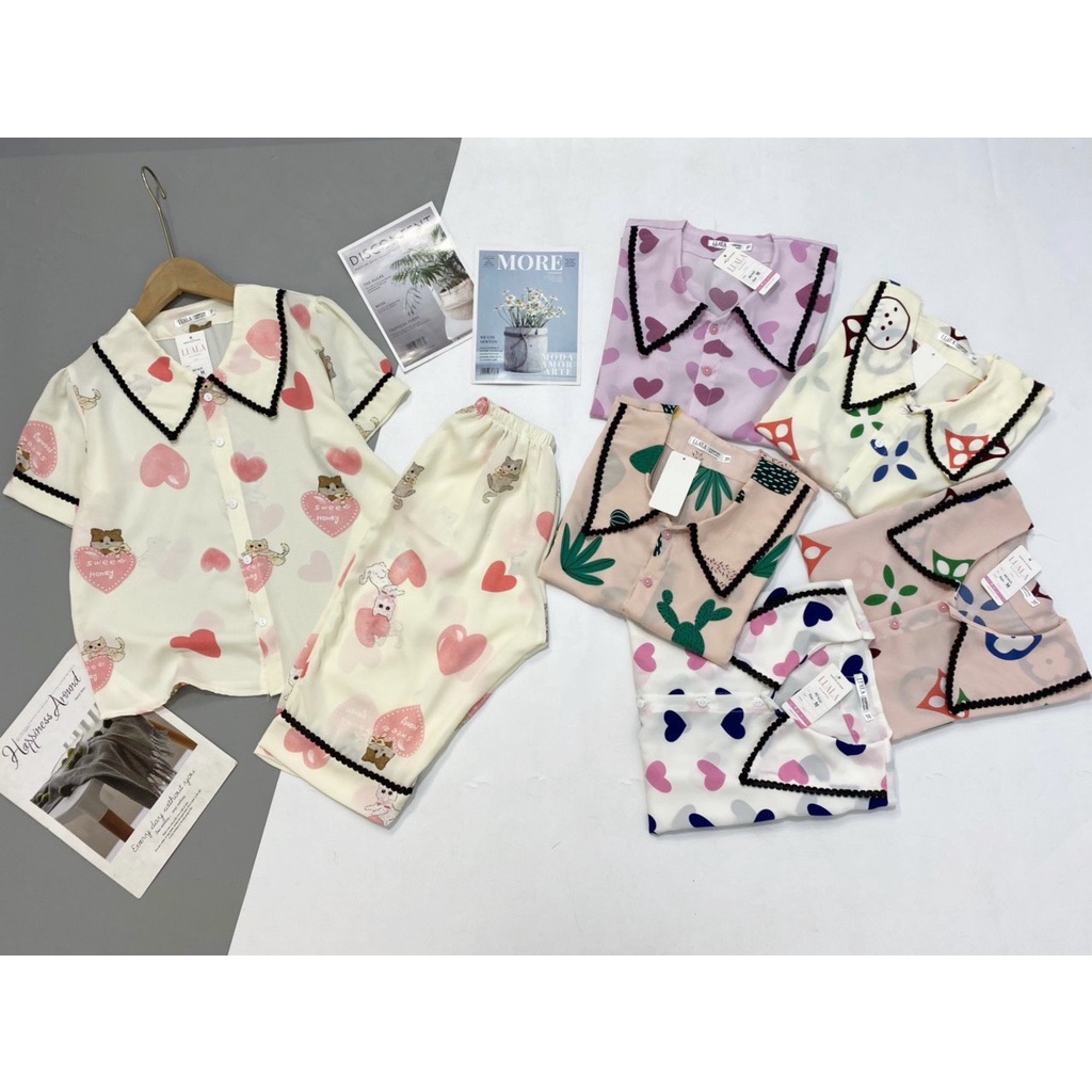 Bộ Pijama lửng lụa mango phối hàn siêu mềm mát, mềm mịn♥️không nhăn nhàu bai xù⚡hình in sắc nét⚡full size♥️