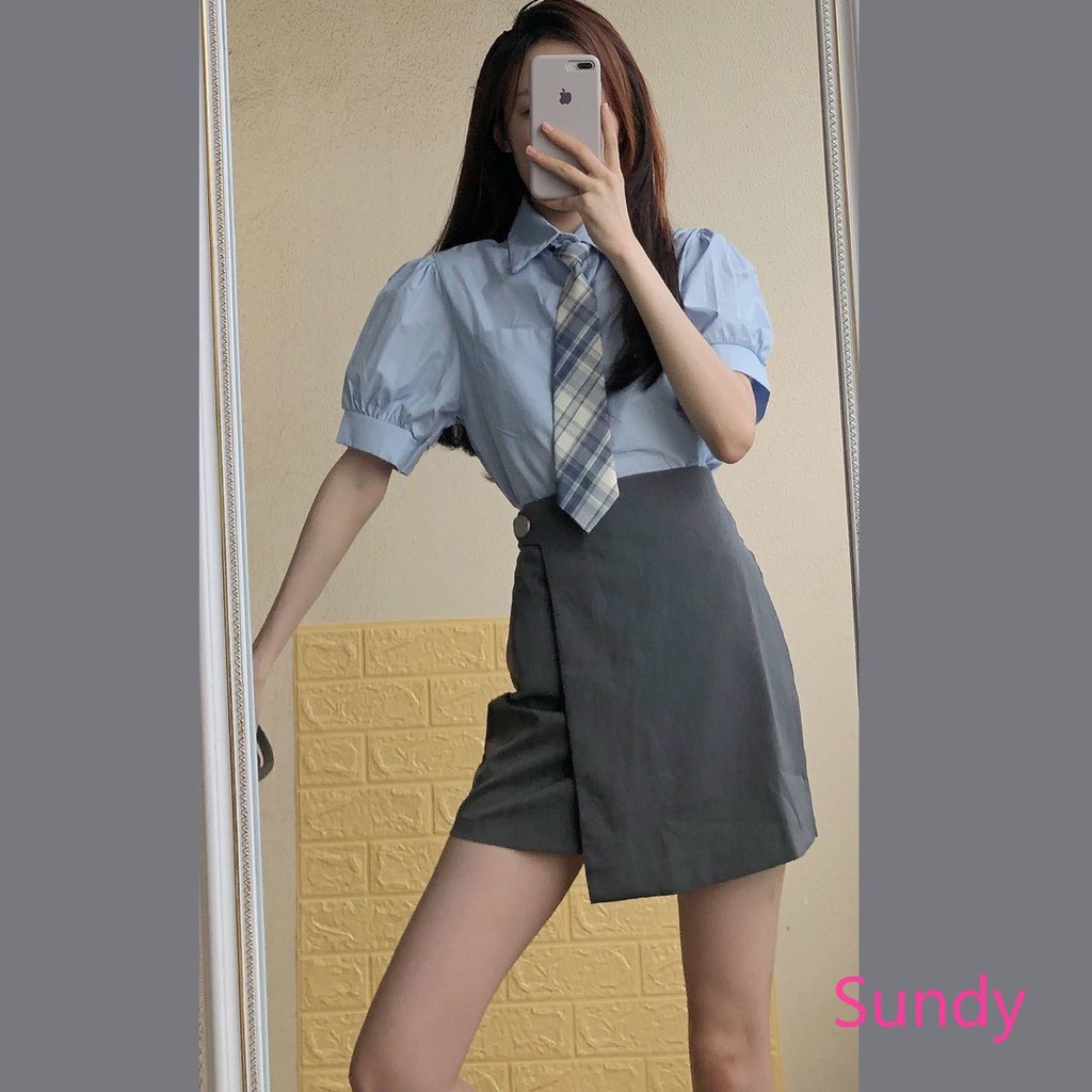 Set Áo Tay Phồng Màu Xanh Dương + Chân Váy Bất Đối Xứng Phong Cách Hàn Quốc Cho Nữ