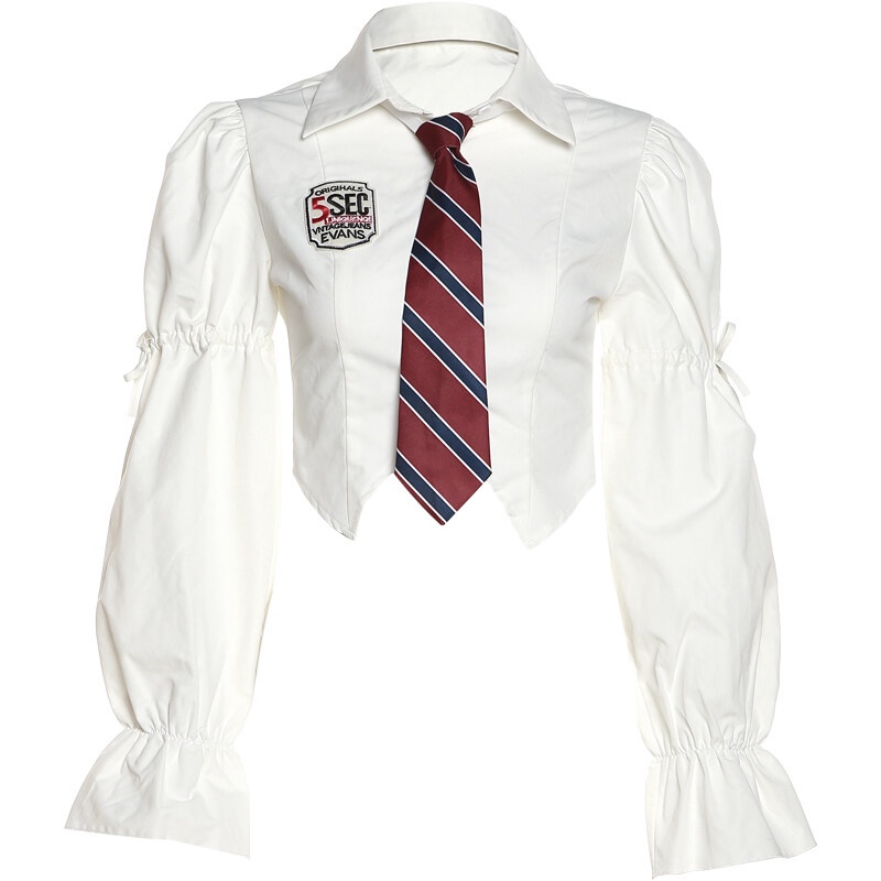 Kliou 2022 Mới vào mùa hè Áo kiểu KLIOU croptop ôm dáng tay dài phồng cổ polo thắt cà vạt họa tiết kẻ sọc phong cách đi học ngọt ngào cho nữ