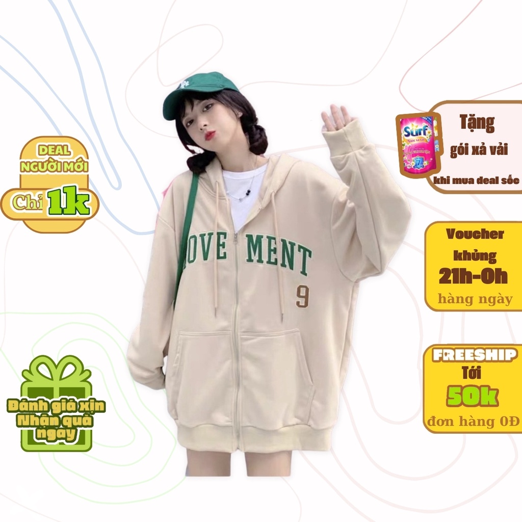 Áo Hoodie Zip Dáng Rộng Move Nữ Meeny- Khoác Nỉ In Chữ Tay Bồng Form Rộng Mũ 2 Lớp Phong Cách Ullzang