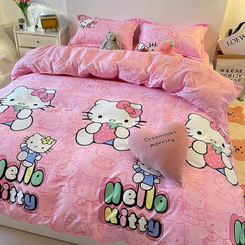 Bộ chăn ga gối Cotton Poly PILO BEDDING gồm vỏ chăn mền,drap ga giường và 2 vỏ gối nằm - PL Hello kitty