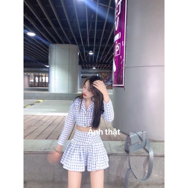 |TEET SET| Set dạ tweet kẻ caro xanh dương TLÉA