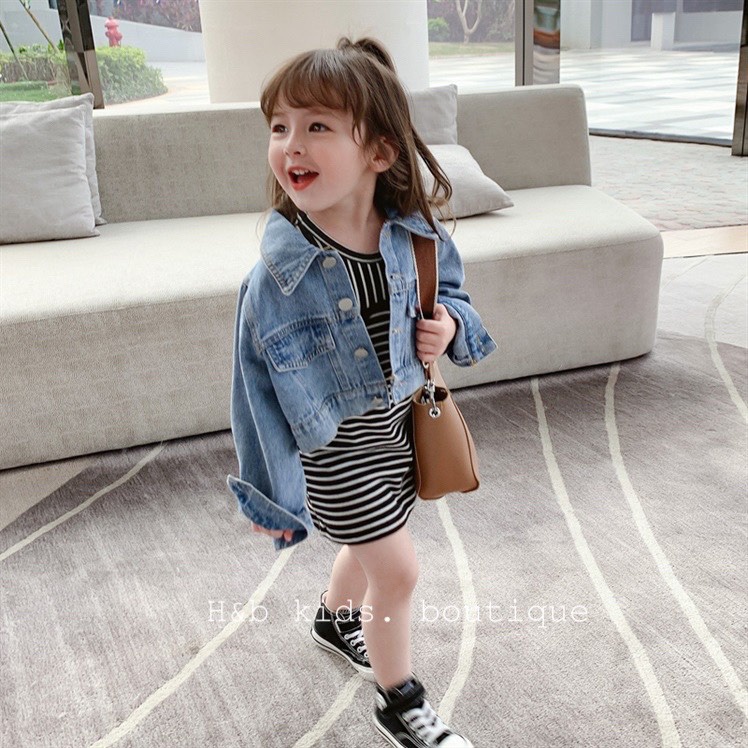 Váy bé gái sét 2 chi tiết gồm váy body kẻ và áo jean