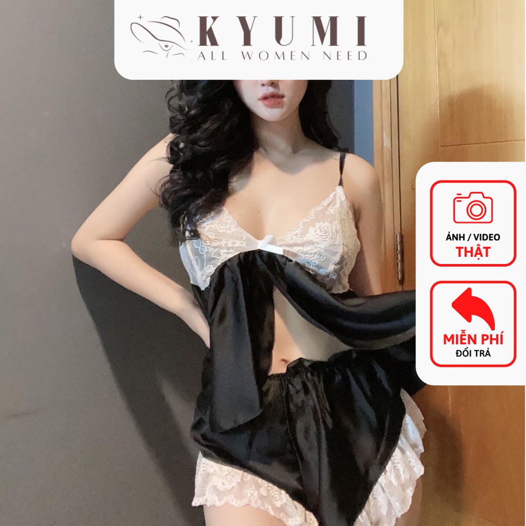 Đồ ngủ sexy đồ ngủ 2 dây phối ren lai cực xinh KYUMI OFFICIAL, chất liệu lụa satin, freesize 40-65kg tùy chiều cao 023 | BigBuy360 - bigbuy360.vn