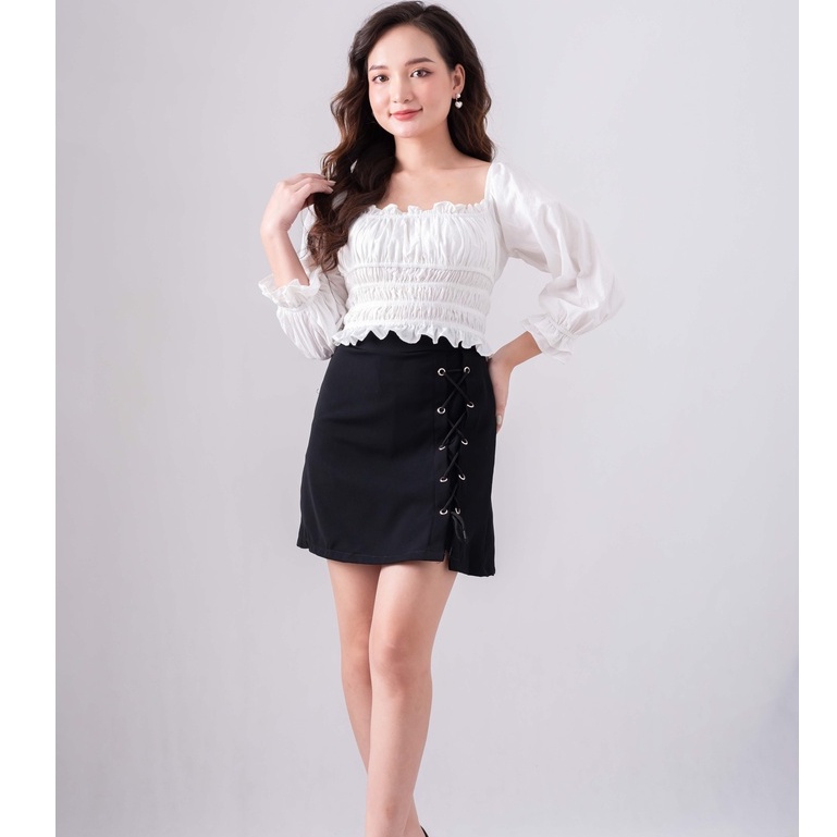 Áo croptop ulzzang trắng buộc dây cổ - áo bèo nhún ôm chun