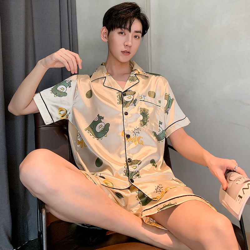 Bộ đồ ngủ tay ngắn vải lụa mỏng nhẹ in họa tiết hoạt hình dễ thương thời trang xuân hè dành cho nam