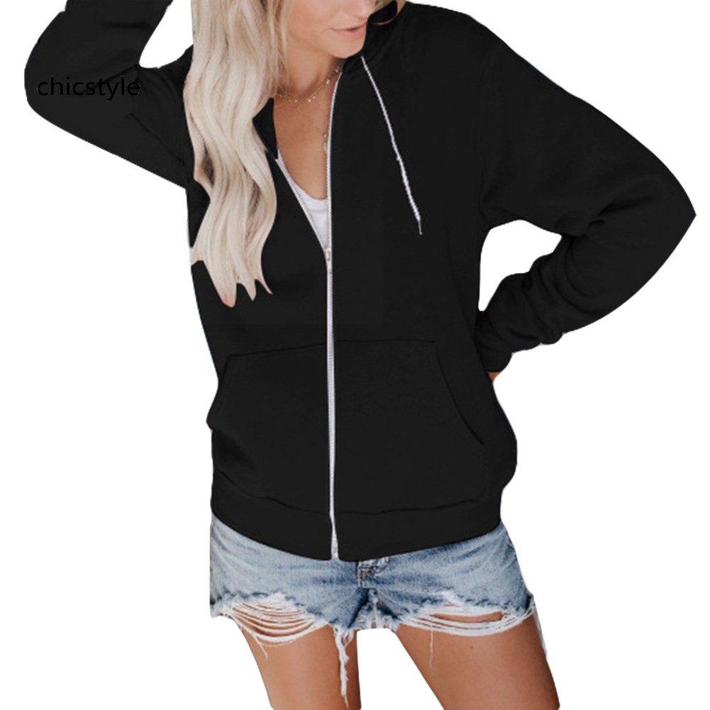 ♛WY♛Sports Women Solid Color Long Sleeve Hoodies Zipper Hooded Sweatshirt Jacket