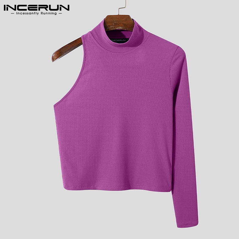 Áo thun thân ngắn INCERUN dáng ôm vừa vặn tay tay dài một bên 3 màu tùy chọn thời trang cho nam