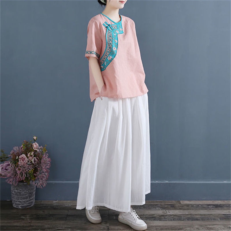 Áo Cotton Lanh Cổ Tròn Tay Ngắn Dáng Rộng Thêu Họa Tiết Phong Cách Dân Tộc Thời Trang Mùa Hè Mới