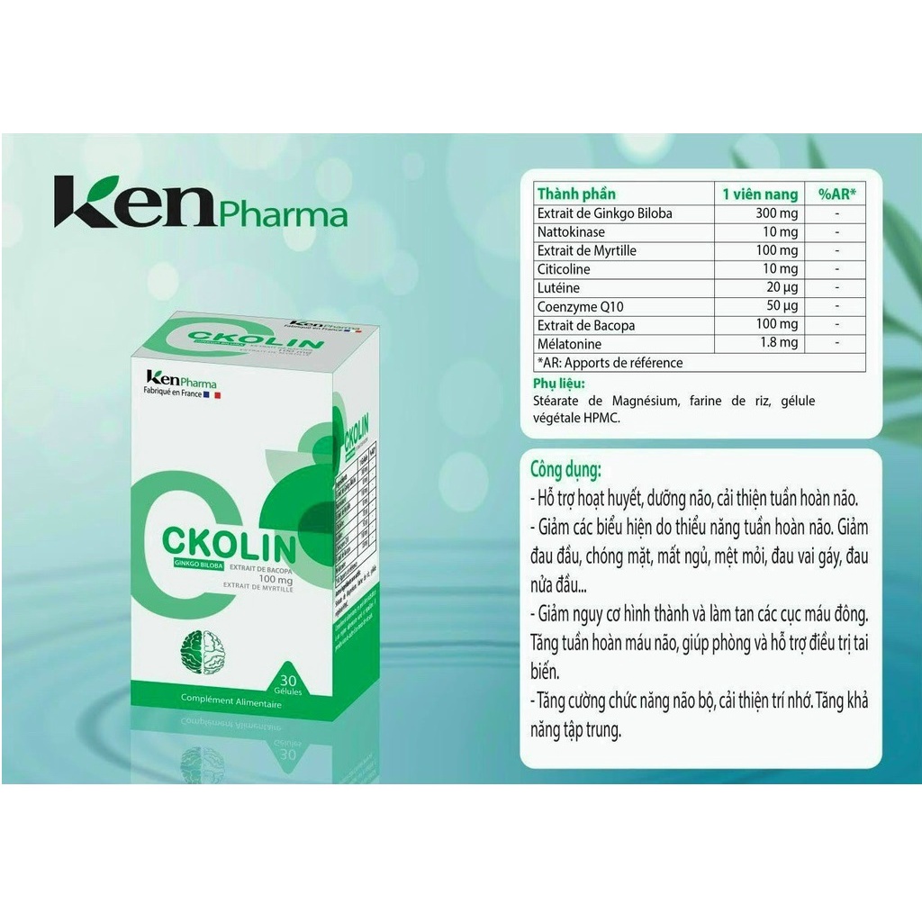 Hoạt huyết dưỡng não CKOLIN Nhập khẩu Pháp - Giúp tăng cường tuần hoàn não , phòng ngừa tai biến -60v