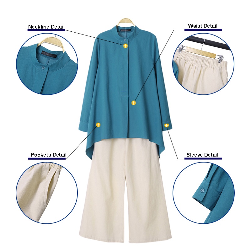 Set Áo ZANZEA dài tay màu trơn và Quần dài lưng thấp co giãn vintage cho nữ