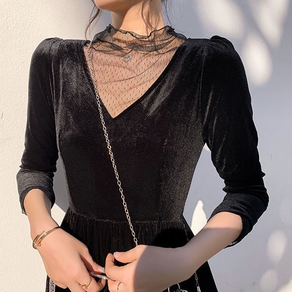 Áo kiểu tay dài cổ cao phối ren lưới trong suốt họa tiết chấm bi phong cách hàn quốc thời trang thu đông cho nữ
