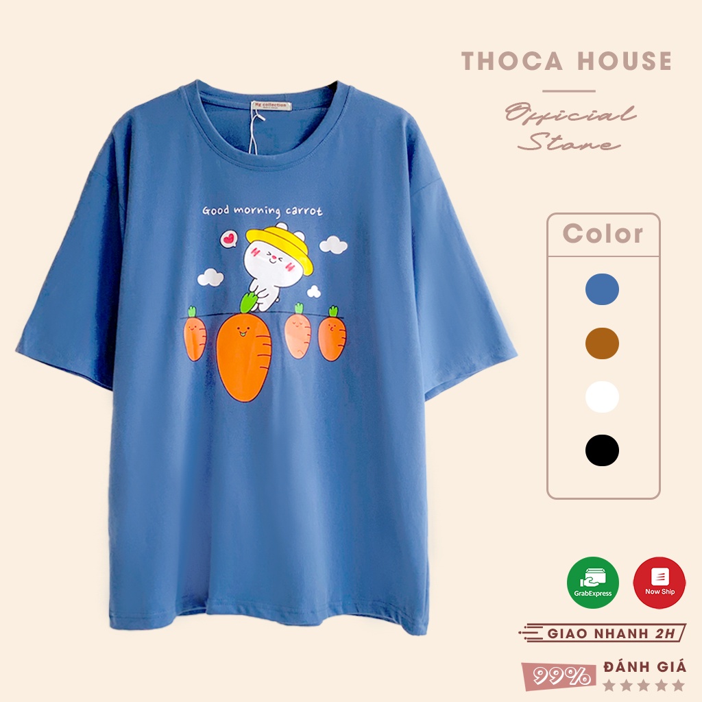 Áo thun cotton oversize unisex trơn in hình cà rốt THOCA HOUSE basic đơn giản, xinh xắn